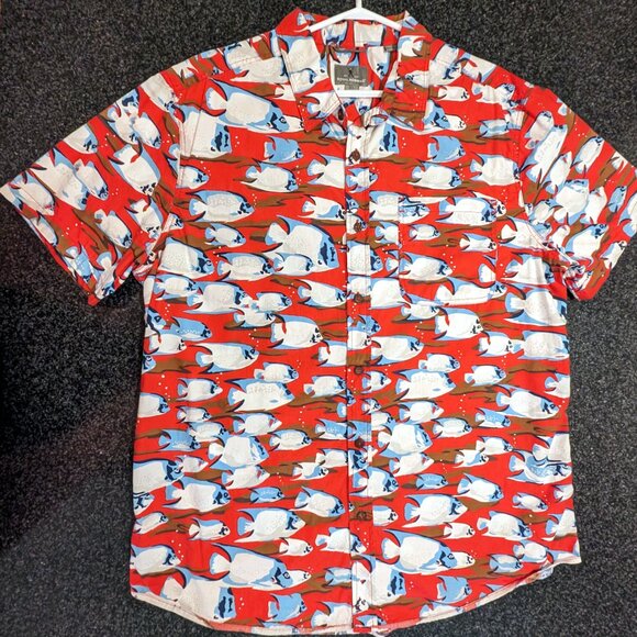 Collection: Winston on NEWGIRL, ROYAL ROBBINS Crimson Throwback Fish Print Shirt - Picture 7 of 7